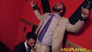 Bondage with two classy dudes ends with some nice hard anal