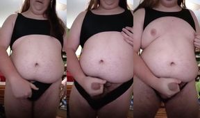 Thick fat guy strips teases moaning while cumshot drenches belly and moobs
