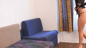 Young slut with huge bush love to ride a black cock on the couch