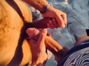 Frotting cocks with huge cums in a paradise beach at sunset