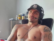 Uncut latino jerks his BIG dick while gaming