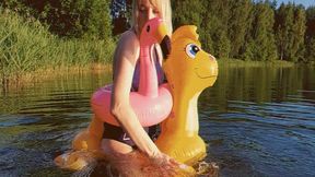 Alla hotly fucks an inflatable dragon riding on the river and wears an inflatable ring flamingo Alla deflates inflatable toys on the shore!!!