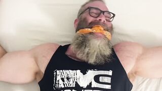 Bound bearded muscular hunk recives body and foot tickling