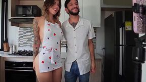 Apron on but instead of cooking she getting her pussy pounded on the table