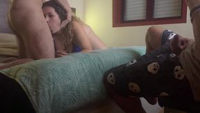 thick wife makes eye contact with her cuckold hubby while gets fucked