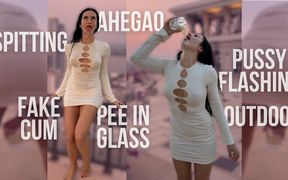 Outdoor Pussy Flashing, Pee in the Glass, Spit, Ahegao, Fake Cum on My Tits &amp; Body