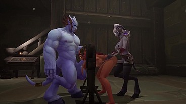 Redhead Elf has BSDM Threesome sex in a dungeon - Warcraft Parody