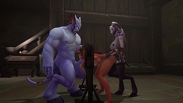 Redhead Elf has BSDM Threesome sex in a dungeon - Warcraft Parody