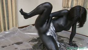 Black covered Asian maid girl all in paint masturbates and pisses