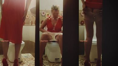 I saw at a party how girl in a red dress pissing in the toilet.