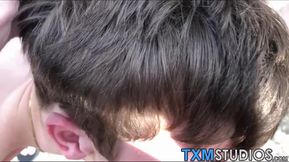 Outdoor rough bareback and POV blowjob with two twinks