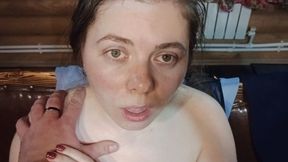 Steamy sauna session ends with sloppy BJ and cum-swallowing