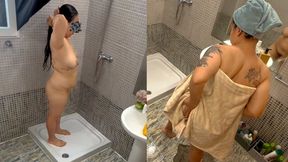 Drying my naked body and big tits with a towel after shower