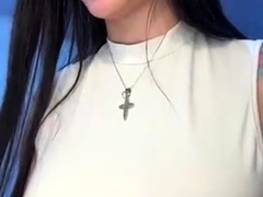 Amateur busty brunette masturbates and does hand job