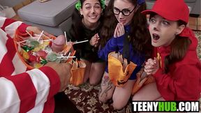Three pals enjoy a massive cock&#x1F32D; during Halloween festivities with Jade &mdash;  Bella &mdash;  Megan &mdash;  and Danny