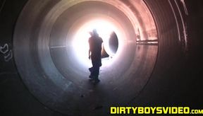 Shameless latino swallows two big cocks outdoors