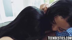 Naughty teens share a large dick during a car wash