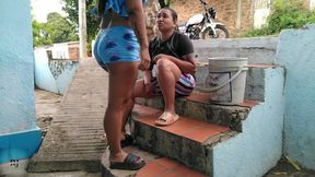 Latin babe and neighbor share passions in public cowgirl ride