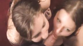 ”Lucky man gets a dual blowjob from two teen girls”