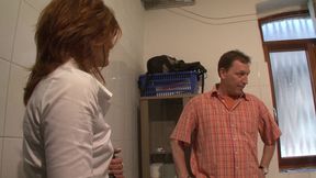 German slut with glasses take hard cock in the bathroom