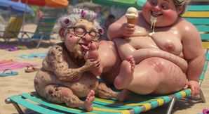 Elderly Granny Passionately Sucking BBW Feet on the Beach