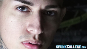 ”Tattooed twink teasing while stroking meat passionately solo”