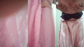 indian gay crossdresser gaurisissy pressing and playing with her big boobs looking in pink saree looking like a housewife
