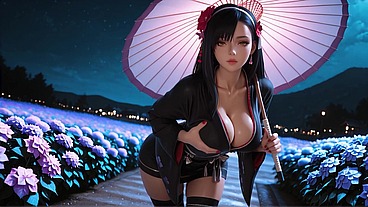 Tifa Lockhart Final Fantasy. Night Secrets of the Lewd Gardn. Ai generated. 3D Hentai