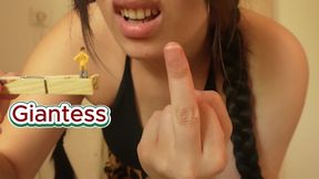 A giantess stepsister humiliates her tiny stepsister; she spreads her camel toe-like pussy and rubs it, then pinches the stepsister with a clothespin to humiliate her, and finally farts on her with her huge ass so she can smell the stinky fart. Final