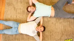 Two hunks barebacking in front of a mirror here