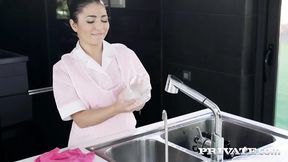 Shaved slutty maid handles double DP and nice tits breasting