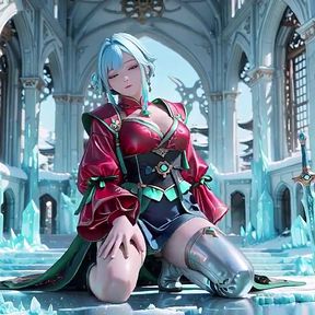 Silver-haired Maid in an Ice Palace! Red &amp; Green Kimono, Legs Spread Wide