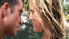 Blonde stunners fuck in hot bikinis at outdoor threesome