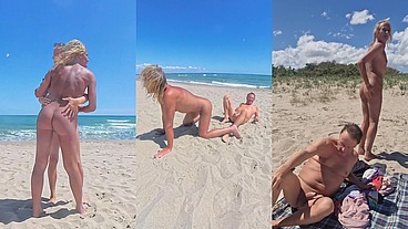 Live sex show on the nudist beach, mobile version 4K POV, action cam, shemale girlfriend