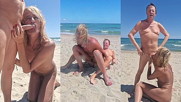 Live sex show on the nudist beach, mobile version 4K POV, action cam, shemale girlfriend