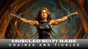 Sexy space explorer woman with tight muscled body is tickled in tight stretching bondage BDSM by robotic arms as she writhes about
