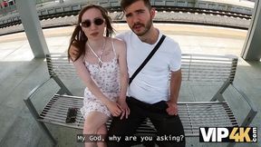 Shaved European beauty sucks for cash in fake interview