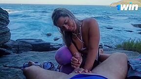 Amazing super-steamy milf blowjob on rocks, public deepthroating!