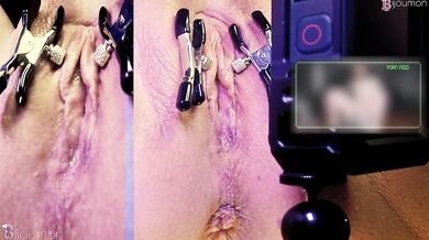 Her puffy pink pussy drips watching porn in close up