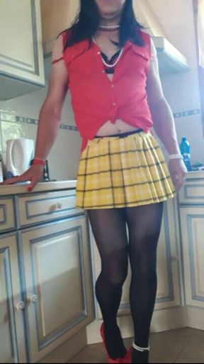 Mini pleated skirt and my clit sticking out