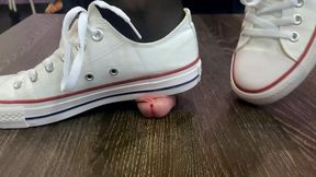 Cock trampling and orgasm with sneakers