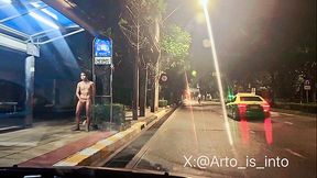 Naked at the bus stop in Bangkok, fucking exposed, jerking off for everyone to see. Master&#039;s orders filming me for public shame.