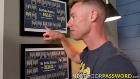 Brawny Justin Mathews and Evan Knoxx fucked the mouth and ass of Trevor Brooks in a f