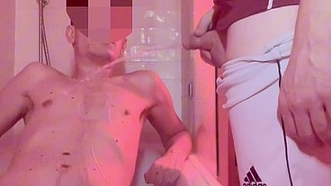 Amateur boy lost a bet, gets naked in the bathtub and is pissed on by his flatmate (body and mouth) - And he can't hide that he likes it as his uncut cock gets hard in 1 min :)
