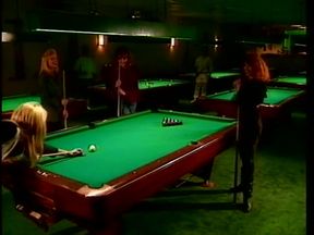 Lesbian foursome pussy licking party on the pool table