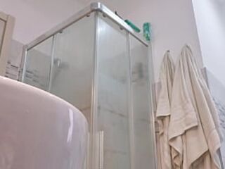 Concupiscent blond shows her boobs in the washroom stall