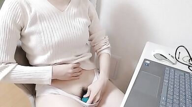 Office lady with huge tits gets her hairy pussy fucked by her vibrator slurping loud moaning