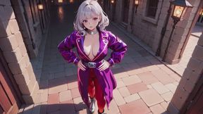 Silver-haired Domina in the Cyber Night! Lazy kneeling pose by the neon window, wrapped in a purple-red tech-wear bodysuit hugging her curvy figure.