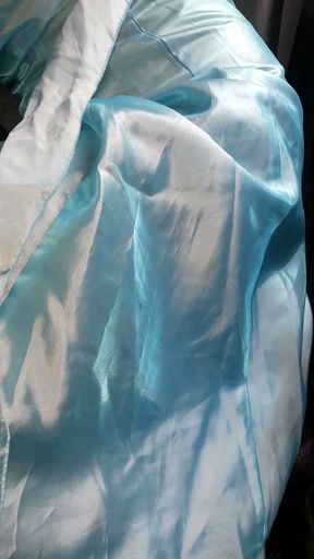 Asian Cross Masturbate and Cum wearing Satin Shiny Blue Gown   Clip 1