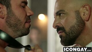Billy  pulls his boss pants down and sucks on his big dick
